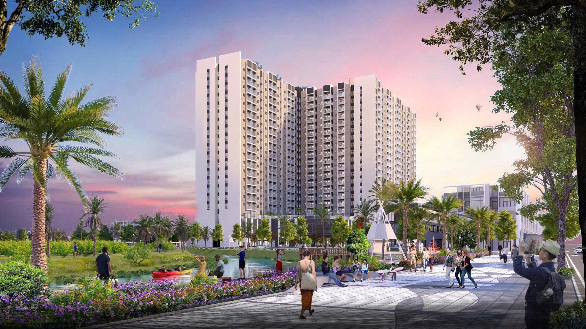 Phối cảnh tòa căn hộ nhà ở xã hội Entiz Hưng Lộc lúc hoàng hôn