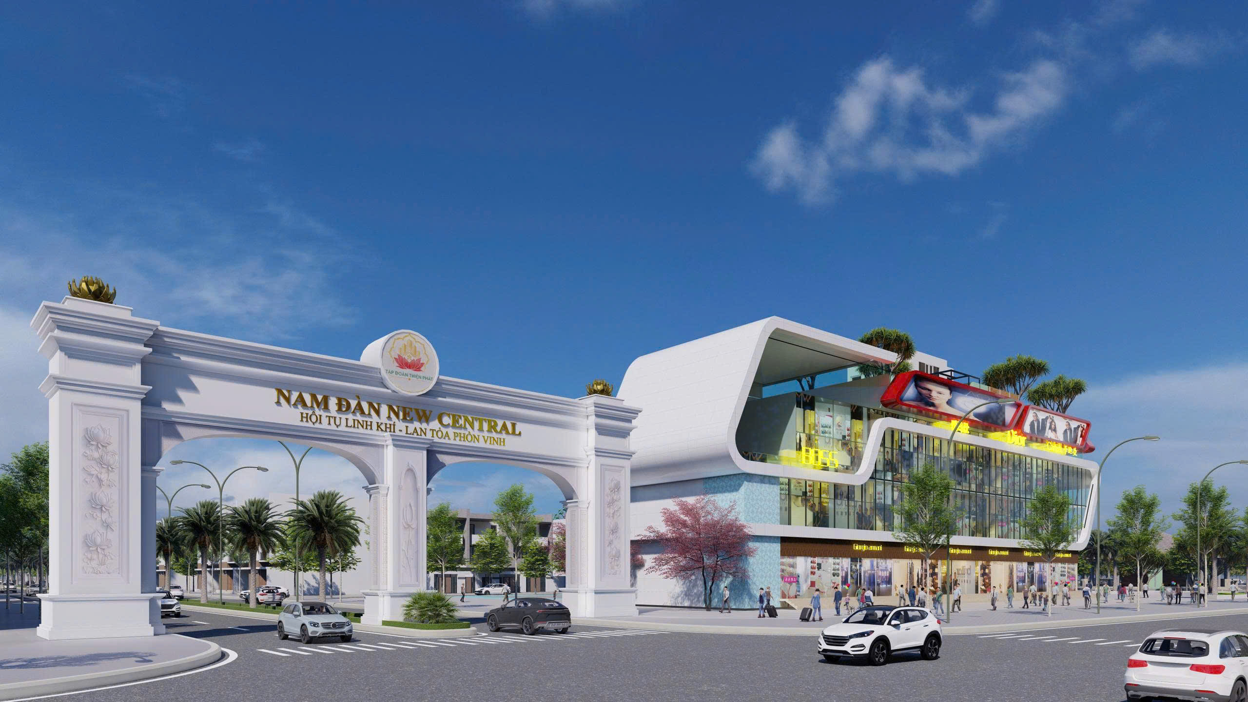 Phối cảnh cổng chào và trung tâm thương mại dự án Nam Đàn New Central – Park City Nam Đàn