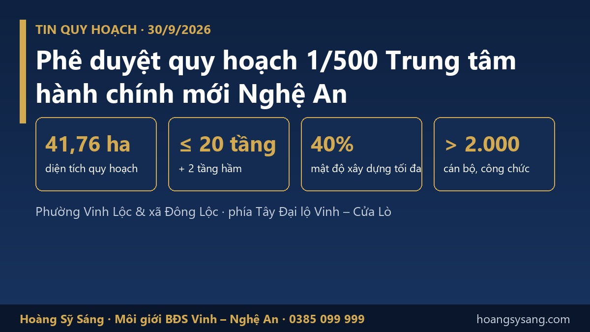 Trung tâm hành chính mới Nghệ An được duyệt quy hoạch chi tiết 1/500 ngày 30/9/2026, khoảng 41,76 ha tại Vinh Lộc – Đông Lộc