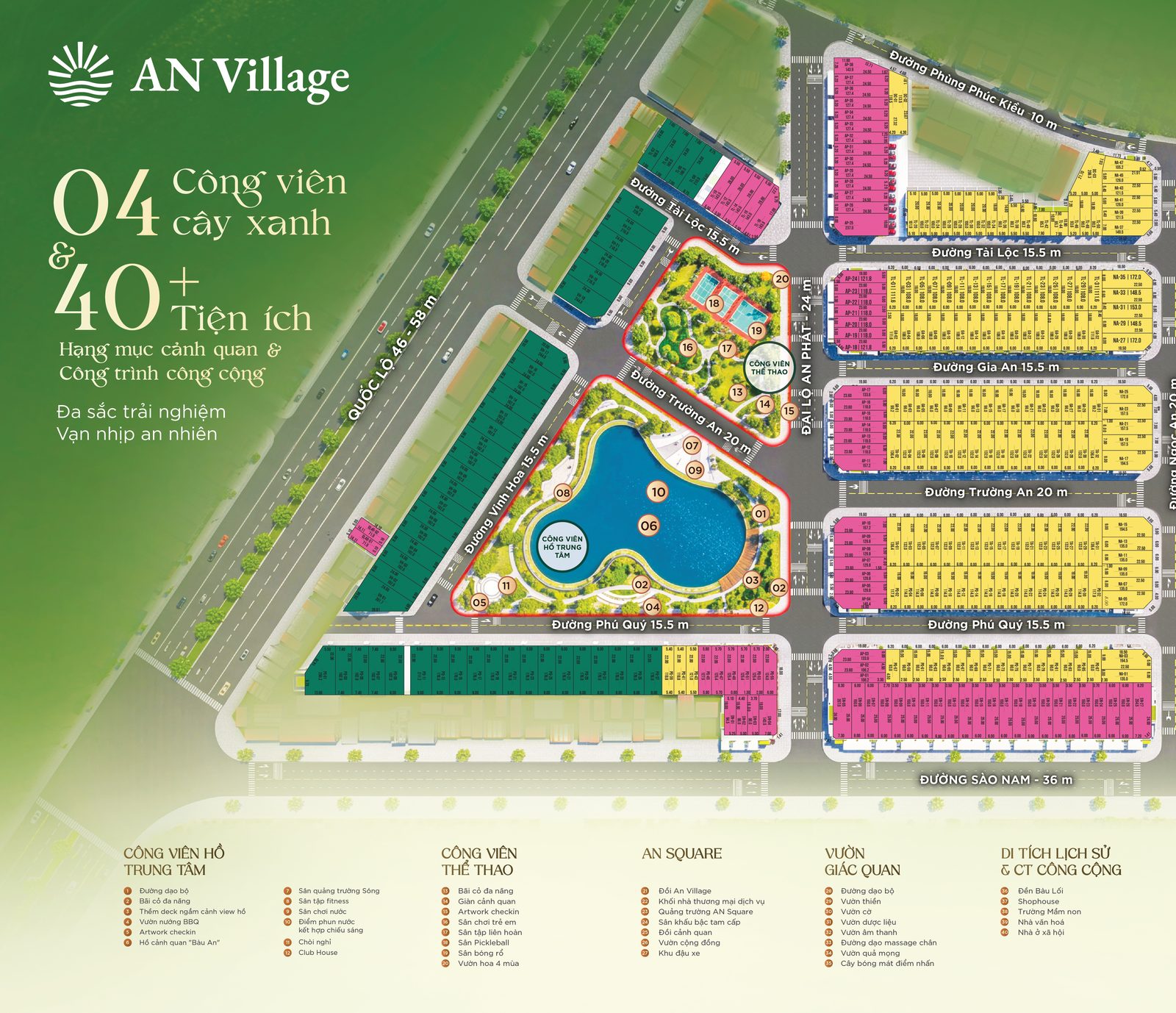 Mặt bằng tiện ích AN Village Sào Nam: 4 công viên, hồ trung tâm, 40+ tiện ích