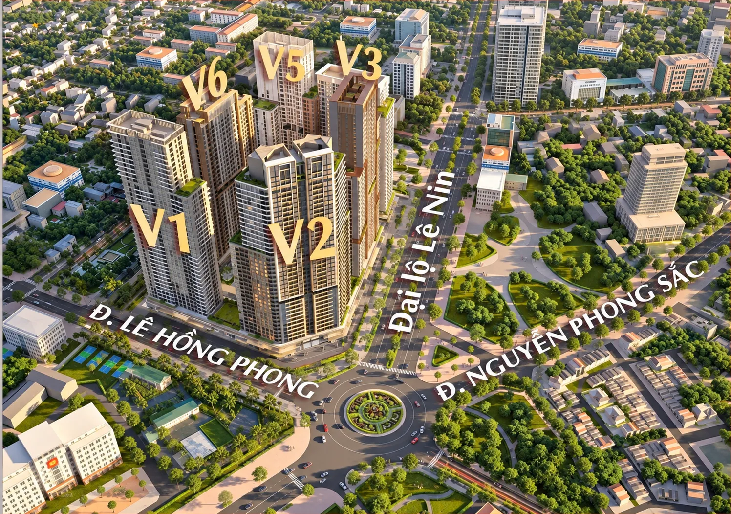 Phối cảnh Sun Group Trường Vinh với các tháp V1 V2 V3 V5 V6 tại góc Lê Hồng Phong – Đại lộ Lê Nin, căn hộ trung tâm Vinh