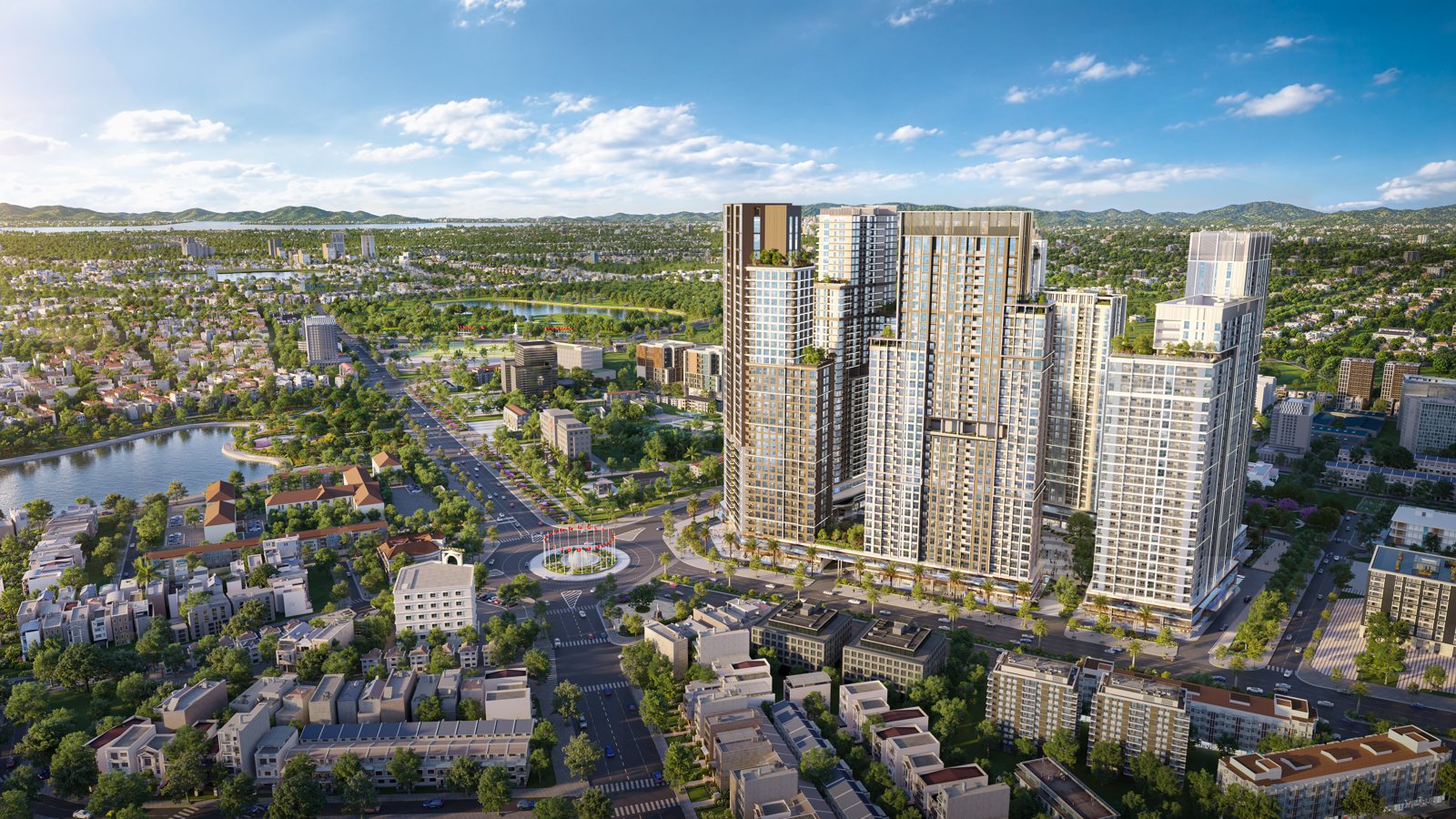 Phối cảnh tổng thể chung cư cao cấp TP Vinh Sun Group Trường Vinh (Sun Glory Residence) nhìn từ Đại lộ Lê Nin