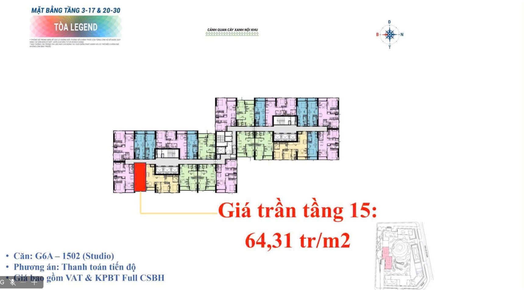 Mặt bằng tầng tòa Legend Sun Glory Residence, giá trần tầng 15 căn studio G6A-1502 64,31 triệu/m²