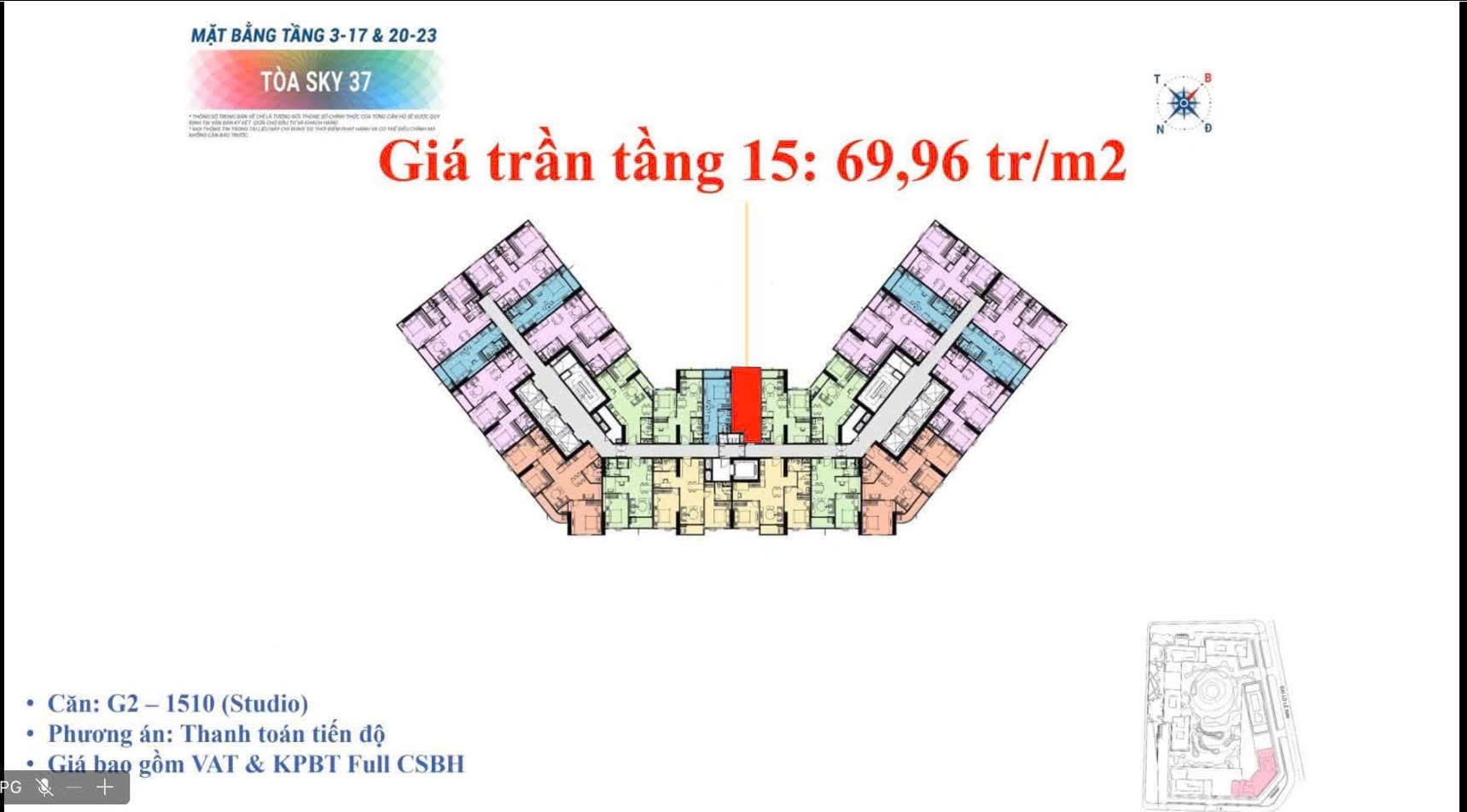 Mặt bằng tầng tòa Sky 37 Sun Glory Residence, giá trần tầng 15 căn studio G2-1510 69,96 triệu/m²