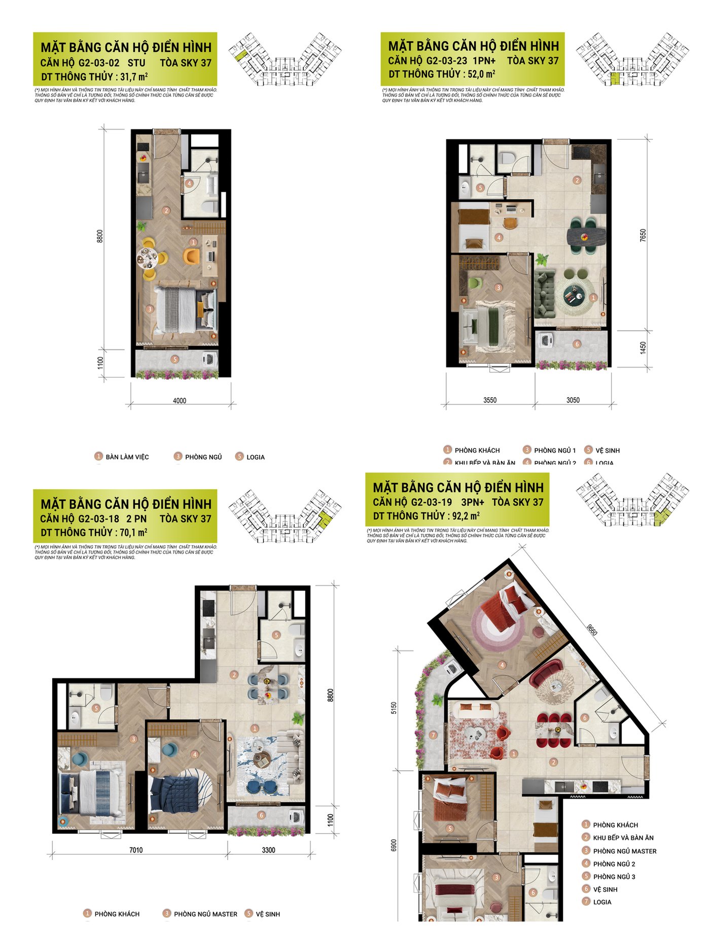 Mặt bằng 4 loại căn hộ điển hình Sun Trường Vinh tòa Sky 37: studio, 1PN+, 2PN, 3PN+