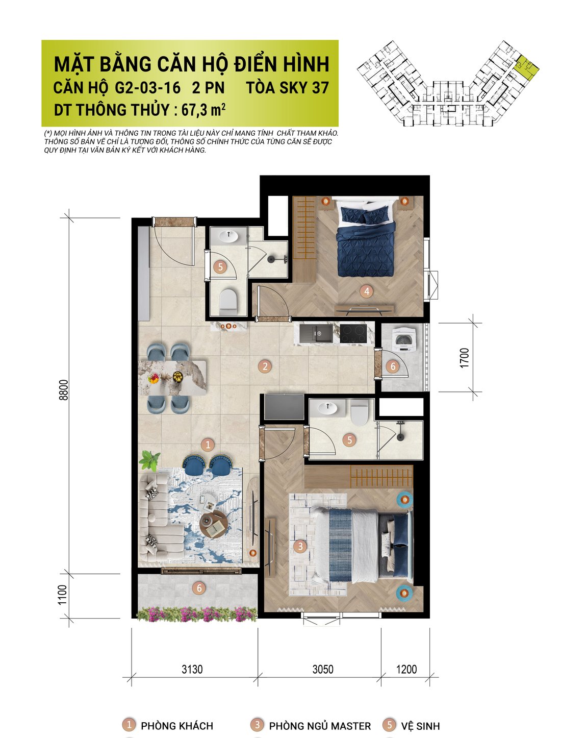 Mặt bằng căn hộ 2PN 67,3 m² Sun Trường Vinh tòa Sky 37, mã G2-03-16
