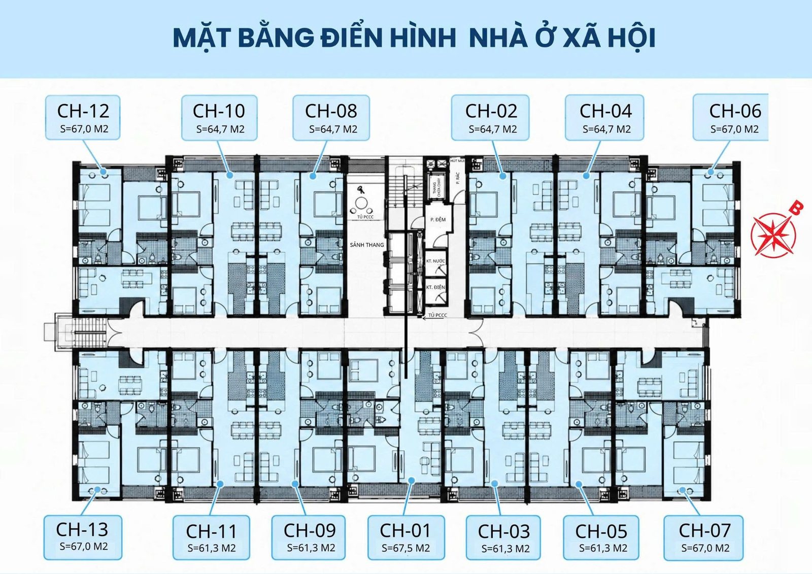 Mặt bằng tầng điển hình nhà ở xã hội Mỹ Thượng 13 căn từ 61,3 đến 67,5 m2