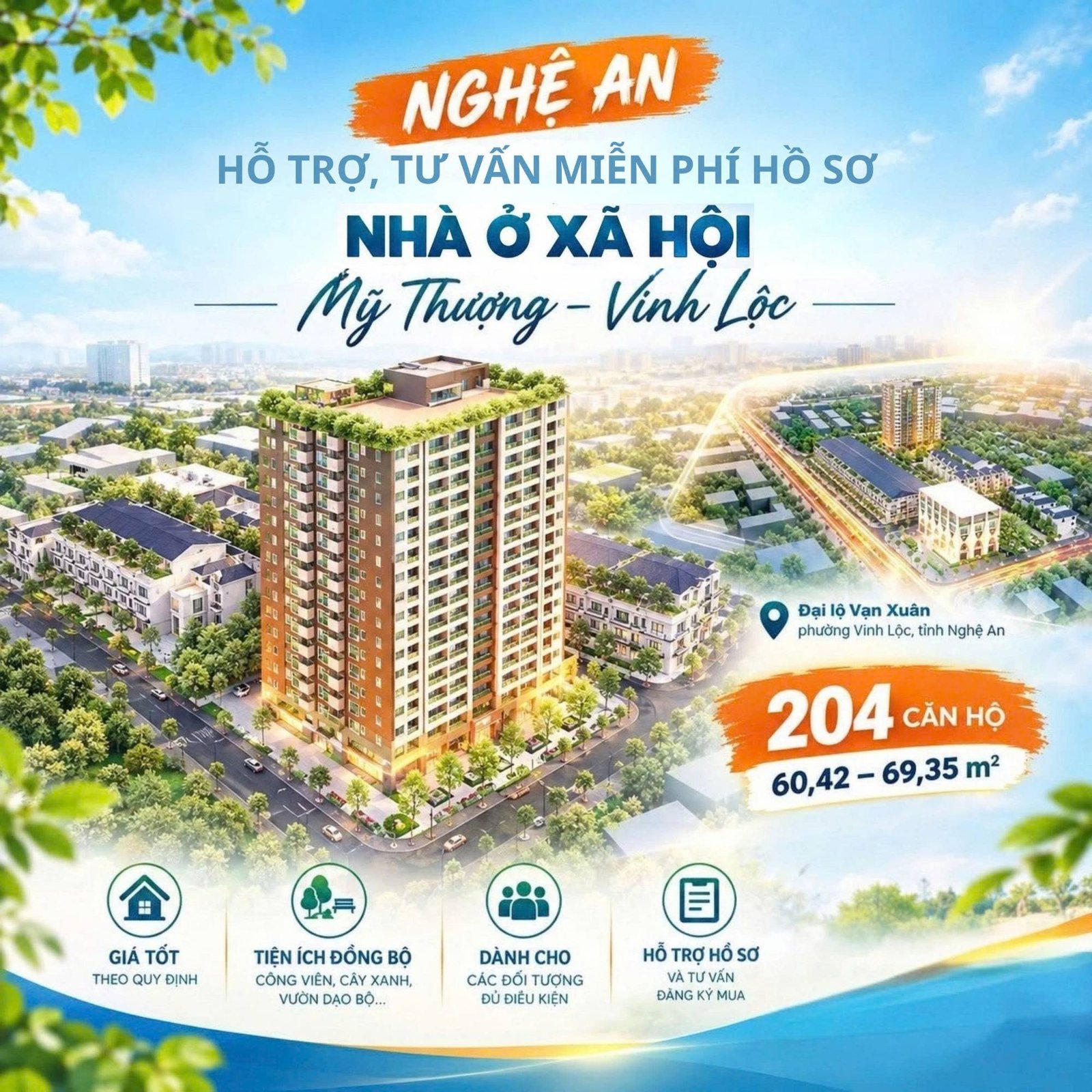 Nhà ở xã hội Mỹ Thượng Vinh Lộc 204 căn hộ 60,42 đến 69,35 m2 trên đại lộ Vạn Xuân
