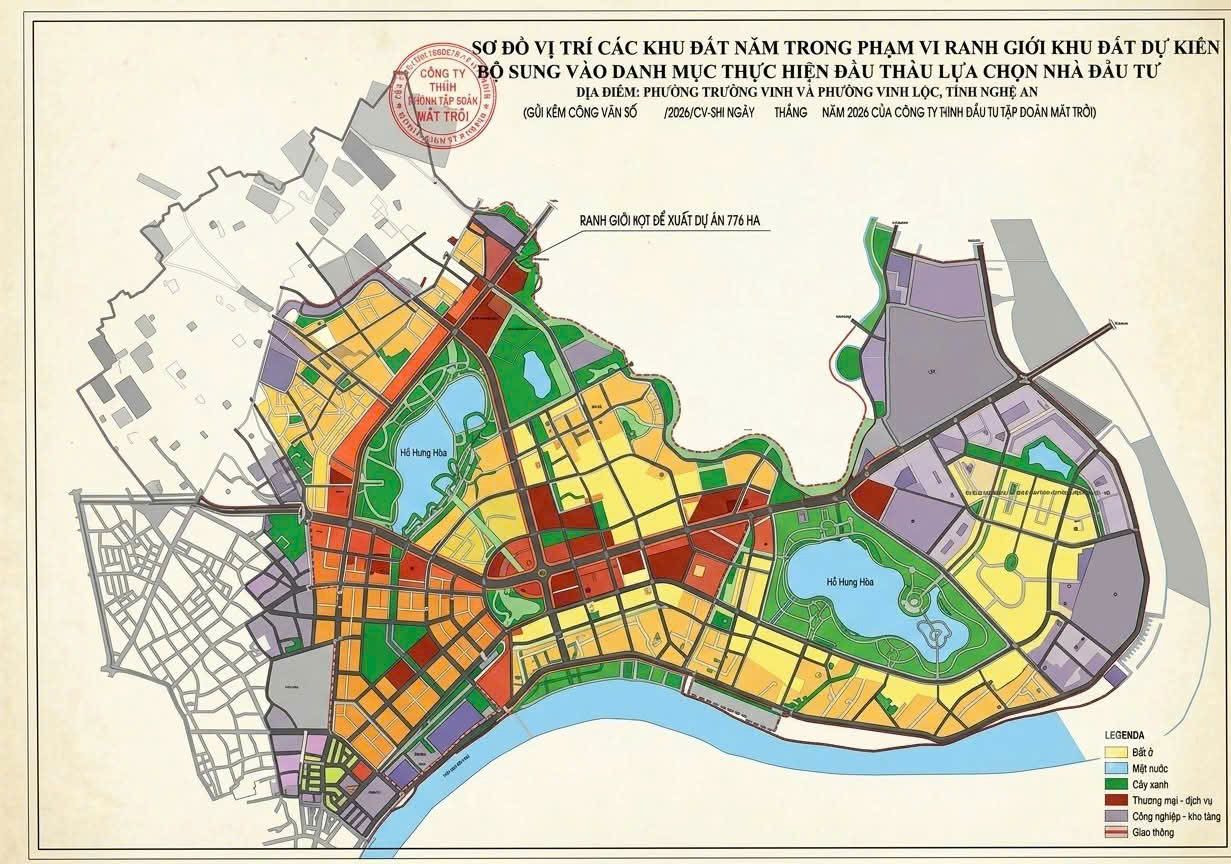 Sơ đồ vị trí khu đất dự kiến đấu thầu lựa chọn nhà đầu tư tại phường Trường Vinh và Vinh Lộc