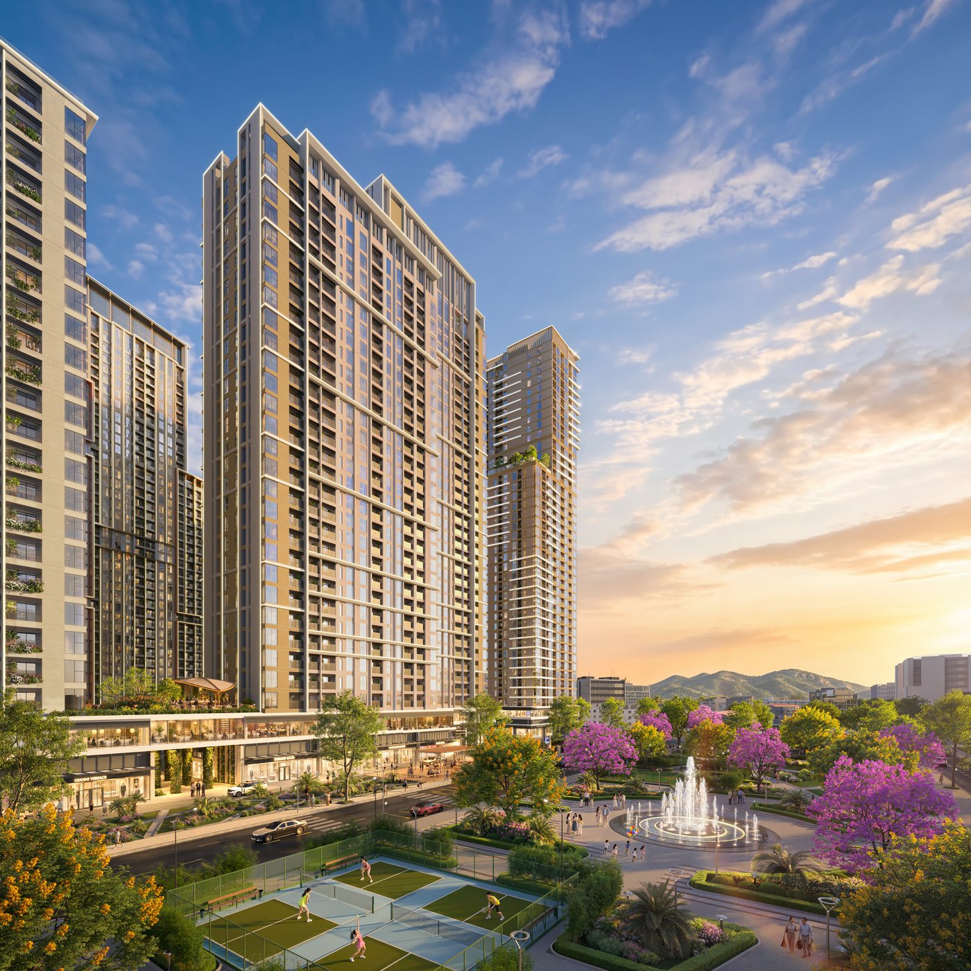 Tòa Legend và khối đế thương mại Sun Trường Vinh bên quảng trường nội khu