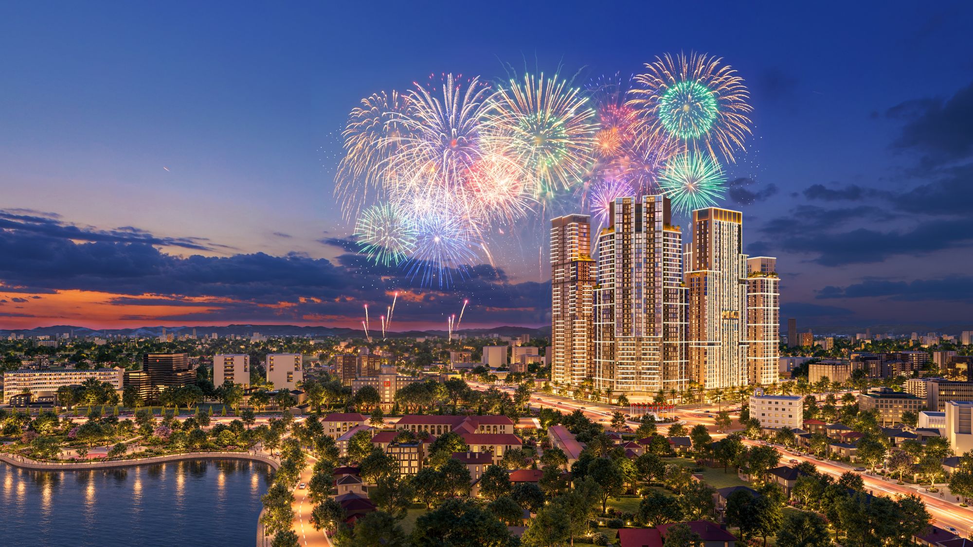 Tòa Sky 37 Sun Trường Vinh về đêm, pháo hoa và mặt hồ Goong
