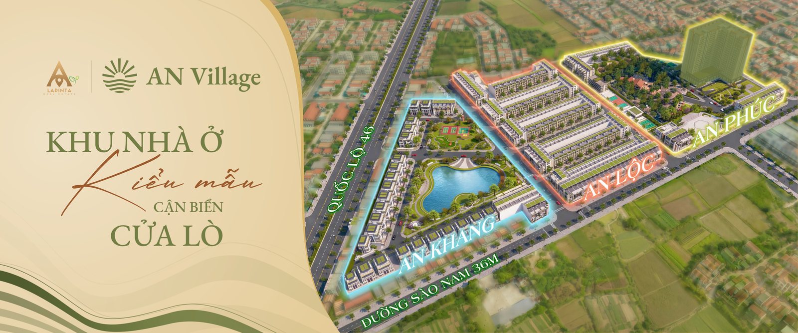 Phối cảnh tổng thể AN Village Cửa Lò bám đường Sào Nam và Quốc lộ 46